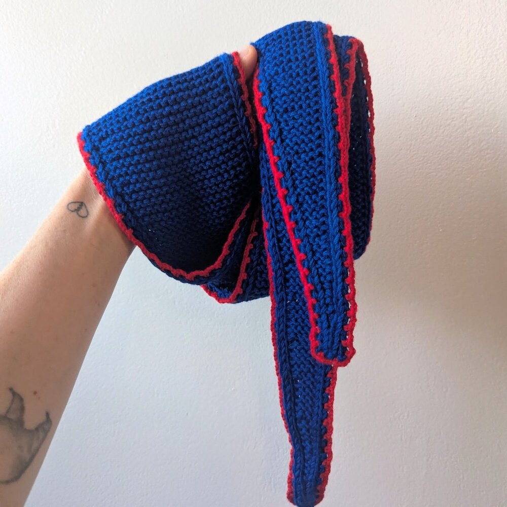 Handmade PetiteKnit Sophie Skinny Scarf Crimson & Cobalt Blue | Scandi Cool Girl - Picture 3 of 15
